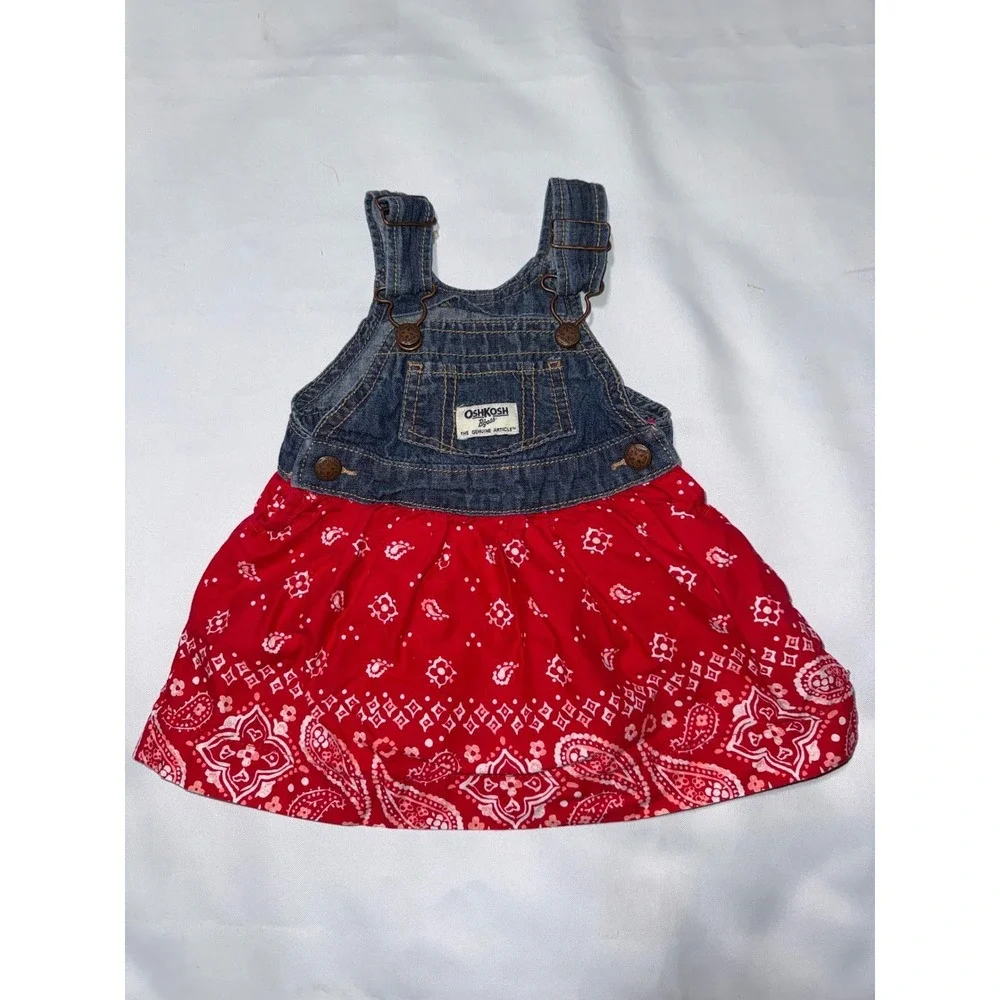 OshKosh B'gosh Baby Girl Denim Red Bandana Paisley Overall Dress 6M Vestbak